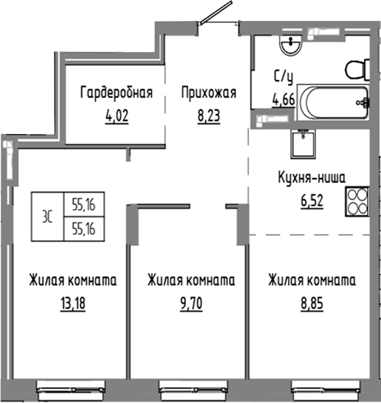 Планировка — Базилик, 3-комн., 55 м²