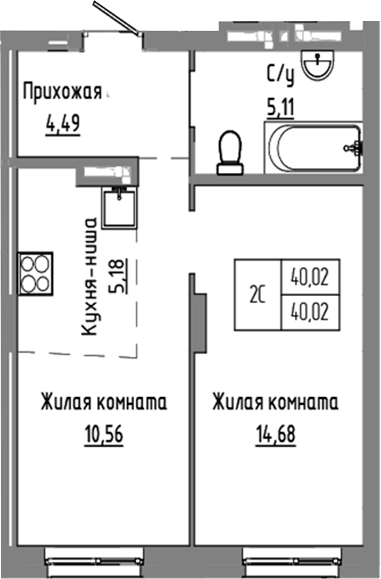 Планировка — Базилик, 2-комн., 40 м²