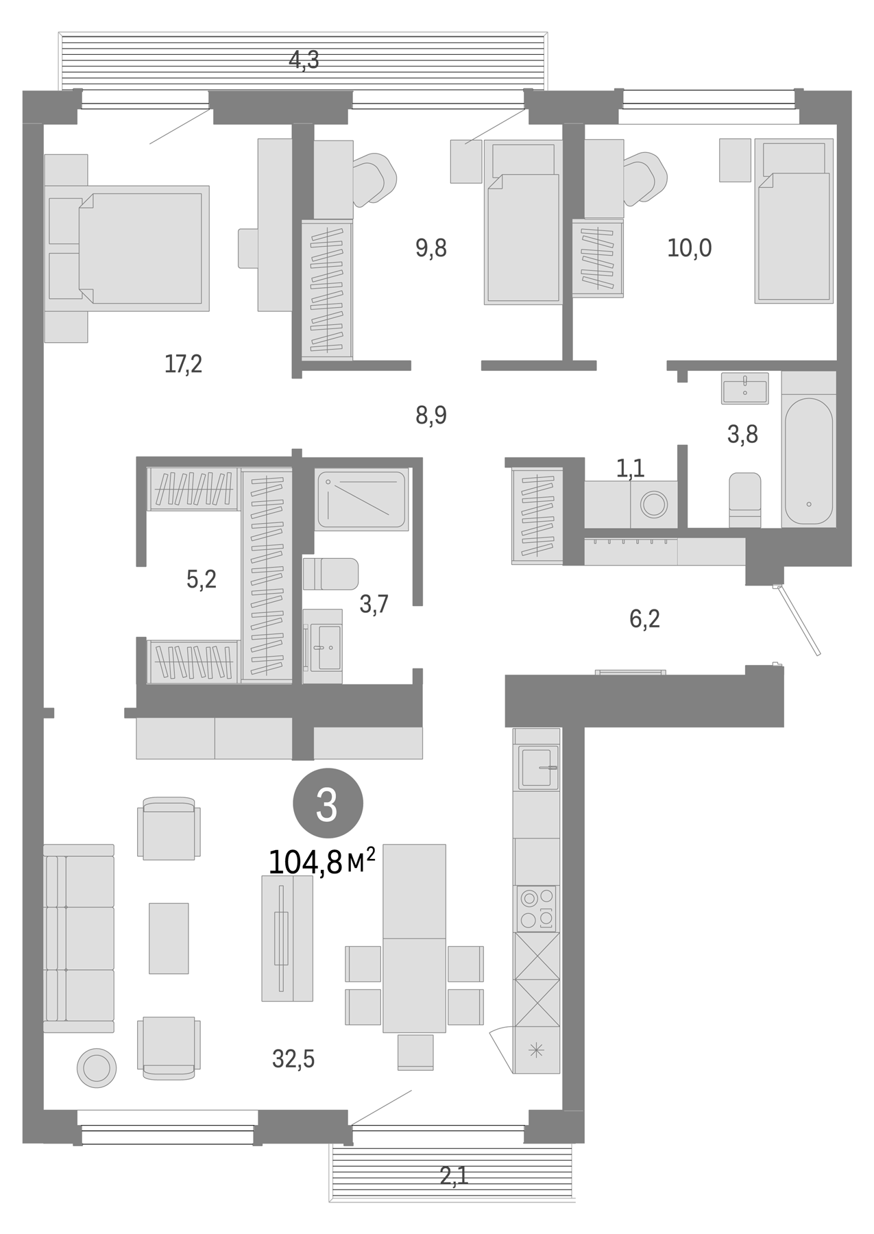 Планировка — Лебедевский, 4-комн., 98 м²