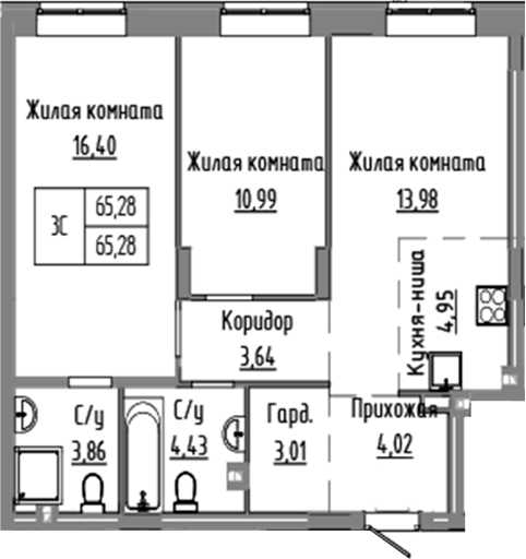 Планировка — Базилик, 3-комн., 65 м²
