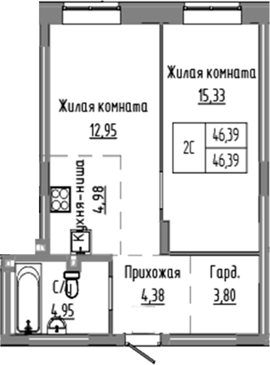 Планировка — Базилик, 2-комн., 46 м²