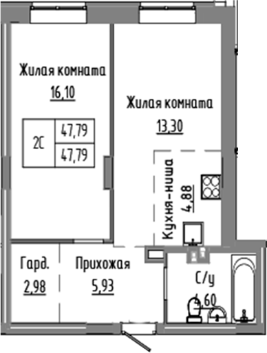 Планировка — Базилик, 2-комн., 48 м²