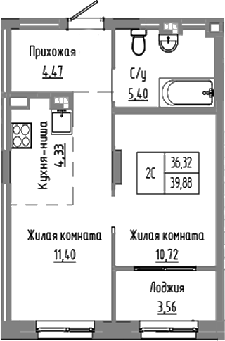 Планировка — Базилик, 2-комн., 36 м²