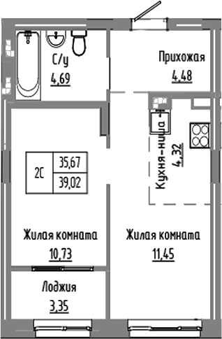 Планировка — Базилик, 2-комн., 36 м²