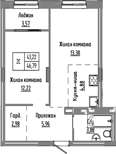 Планировка — Базилик, 2-комн., 43 м²