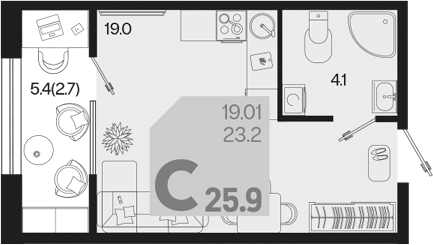 Планировка — Первое место, Студия, 23 м²