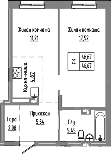 Планировка — Базилик, 2-комн., 47 м²