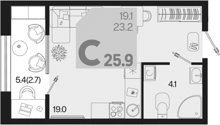 Планировка — Первое место, Студия, 23 м²