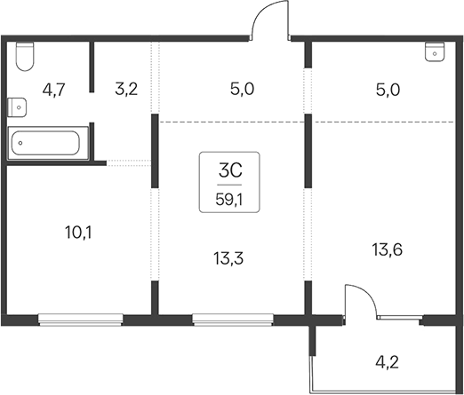 Планировка — Квартал Сосновый Бор, 3-комн., 55 м²