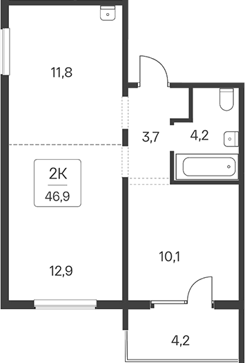 Планировка — Квартал Сосновый Бор, 2-комн., 43 м²