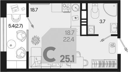 Планировка — Первое место, Студия, 22 м²