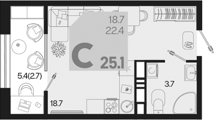 Планировка — Первое место, Студия, 22 м²