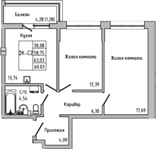 Планировка — Луна, 2-комн., 59 м²