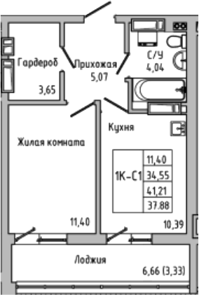 Планировка — Луна, 1-комн., 35 м²