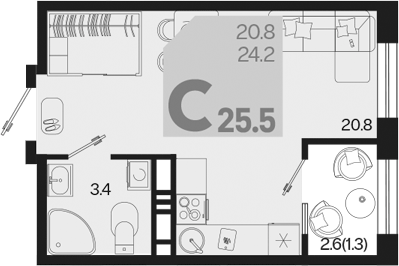 Планировка — Первое место, Студия, 24 м²