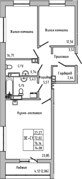 Планировка — Луна, 3-комн., 72 м²