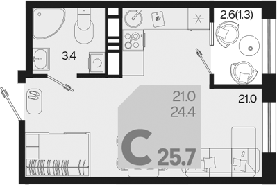 Планировка — Первое место, Студия, 24 м²