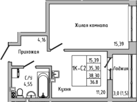 Планировка — Луна, 1-комн., 35 м²