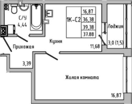 Планировка — Луна, 1-комн., 36 м²