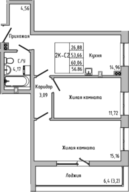 Планировка — Луна, 2-комн., 54 м²