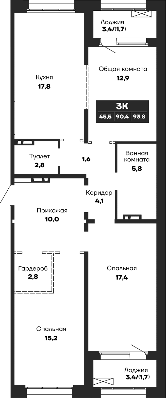 Планировка — Гренландия, 3-комн., 90 м²