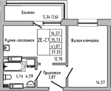 Планировка — Луна, 2-комн., 36 м²