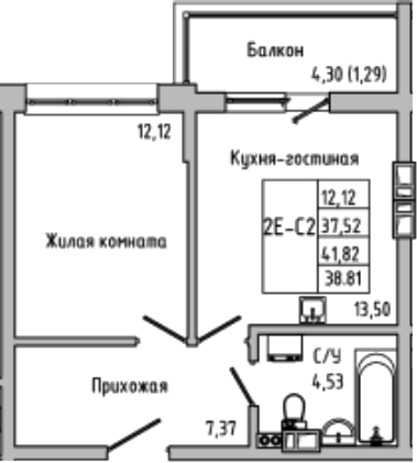 Планировка — Луна, 2-комн., 38 м²