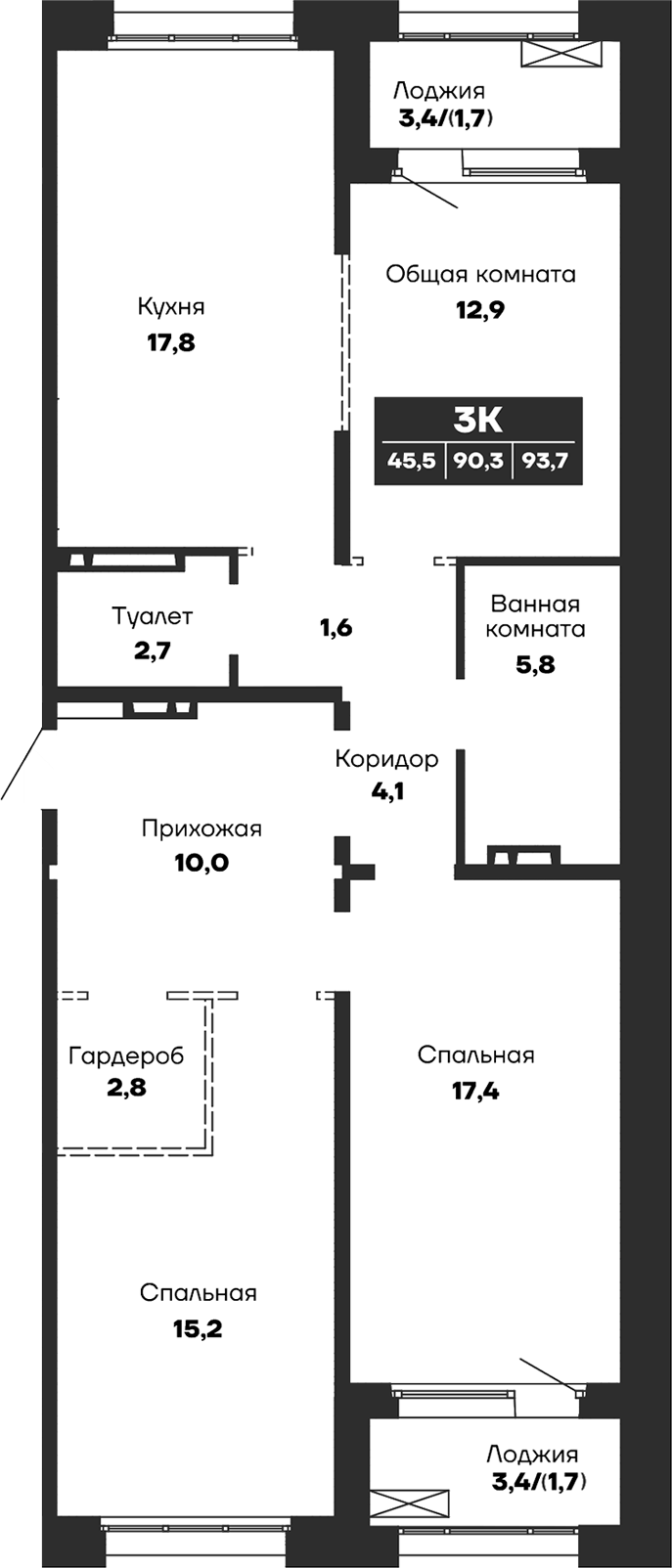 Планировка — Гренландия, 3-комн., 90 м²