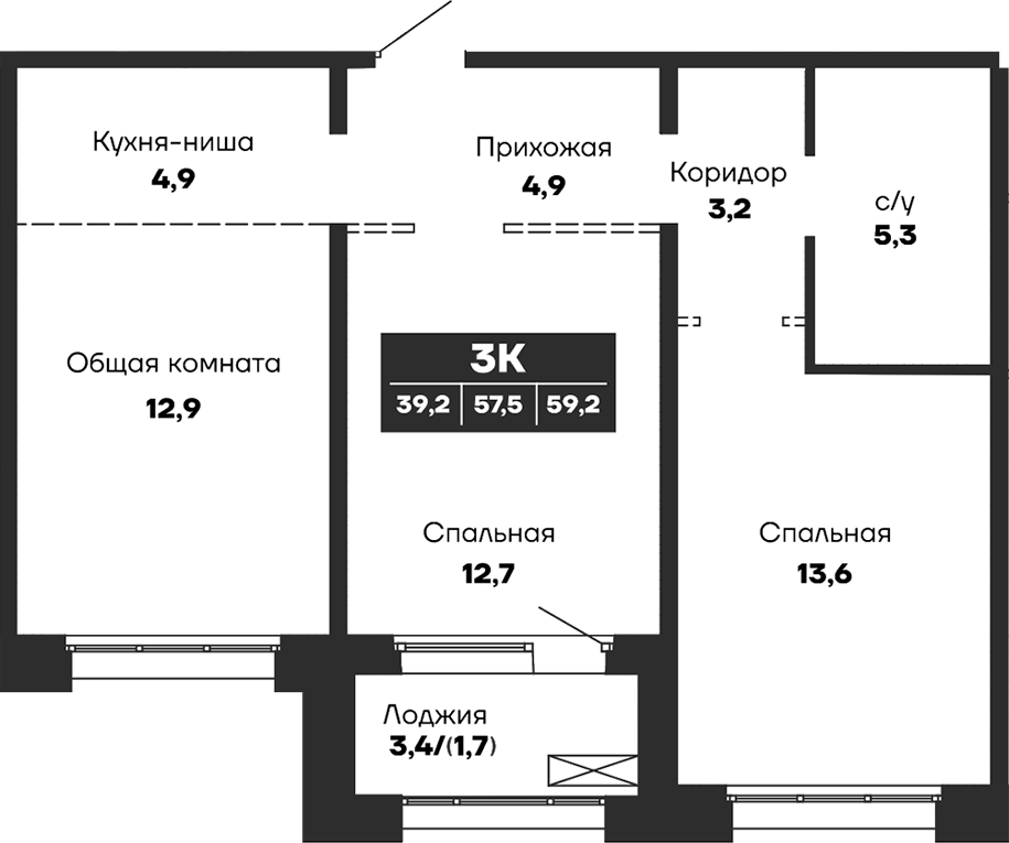 Планировка — Гренландия, 2-комн., 58 м²