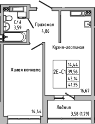 Планировка — Луна, 2-комн., 40 м²
