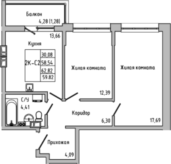 Планировка — Луна, 2-комн., 59 м²