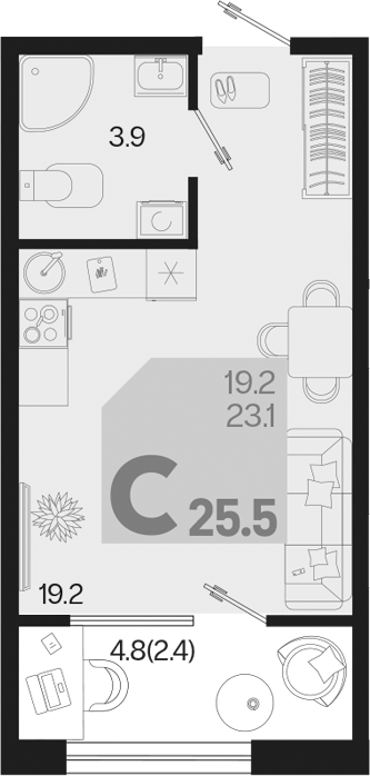 Планировка — Первое место, Студия, 23 м²