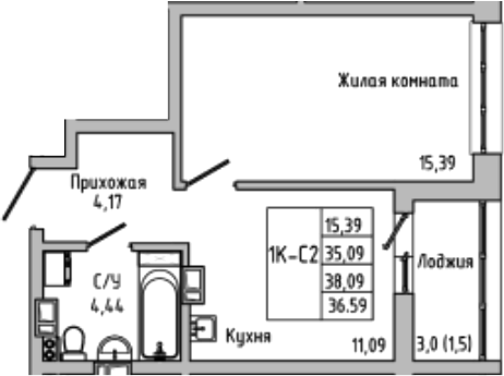 Планировка — Луна, 1-комн., 35 м²