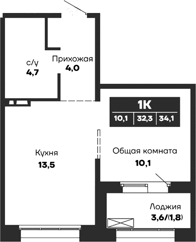 Планировка — Гренландия, 1-комн., 32 м²