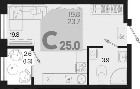 Планировка — Первое место, Студия, 24 м²