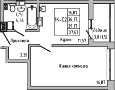 Планировка — Луна, 1-комн., 36 м²