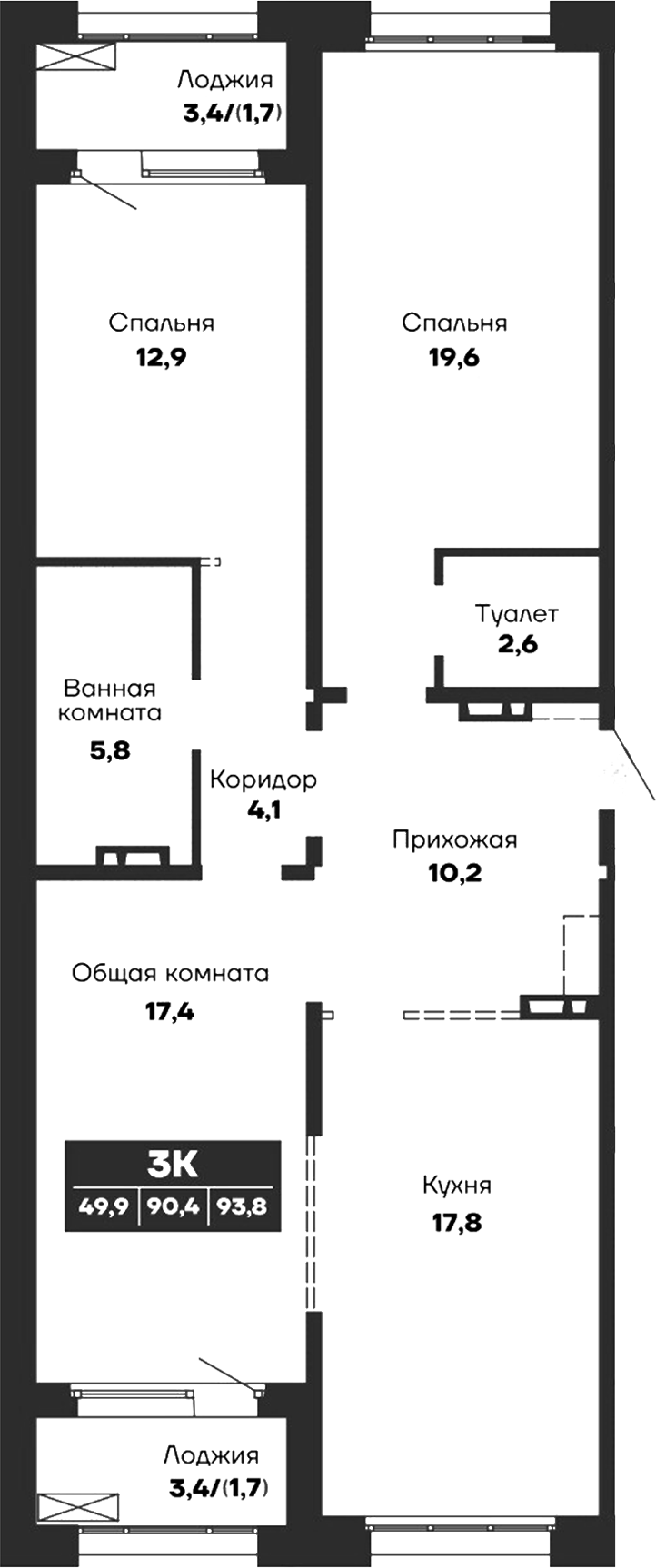 Планировка — Гренландия, 3-комн., 90 м²