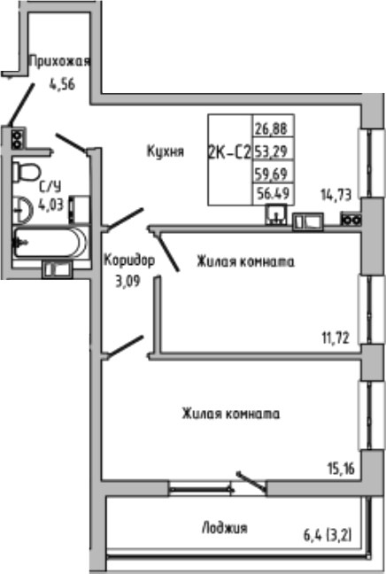 Планировка — Луна, 2-комн., 53 м²