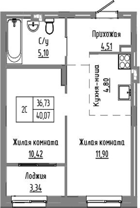 Планировка — Базилик, 2-комн., 37 м²