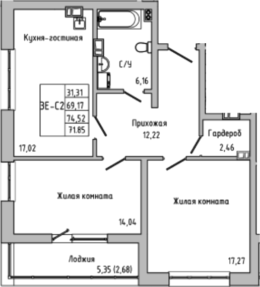 Планировка — Луна, 3-комн., 69 м²