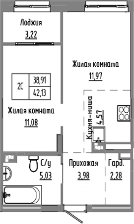 Планировка — Базилик, 2-комн., 39 м²