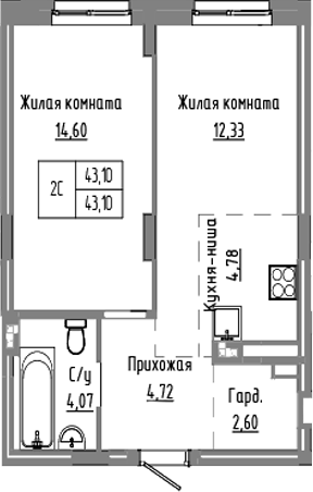 Планировка — Базилик, 2-комн., 43 м²