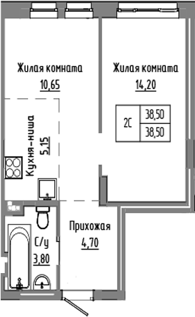 Планировка — Базилик, 2-комн., 39 м²