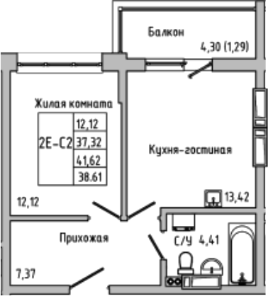 Планировка — Луна, 2-комн., 37 м²