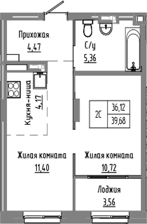 Планировка — Базилик, 2-комн., 36 м²