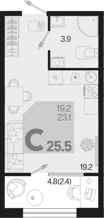 Планировка — Первое место, Студия, 23 м²