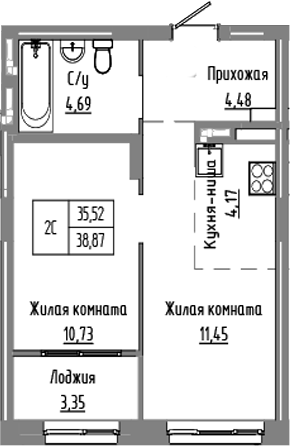 Планировка — Базилик, 2-комн., 36 м²