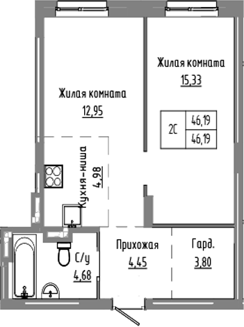 Планировка — Базилик, 2-комн., 46 м²
