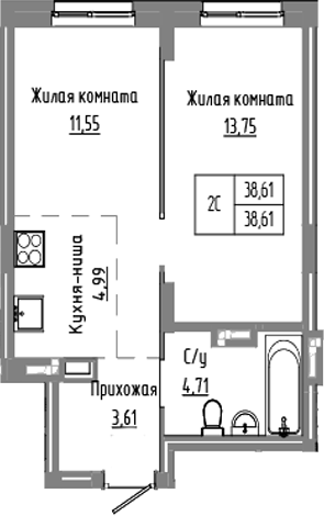 Планировка — Базилик, 2-комн., 39 м²