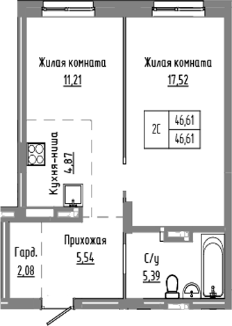Планировка — Базилик, 2-комн., 47 м²